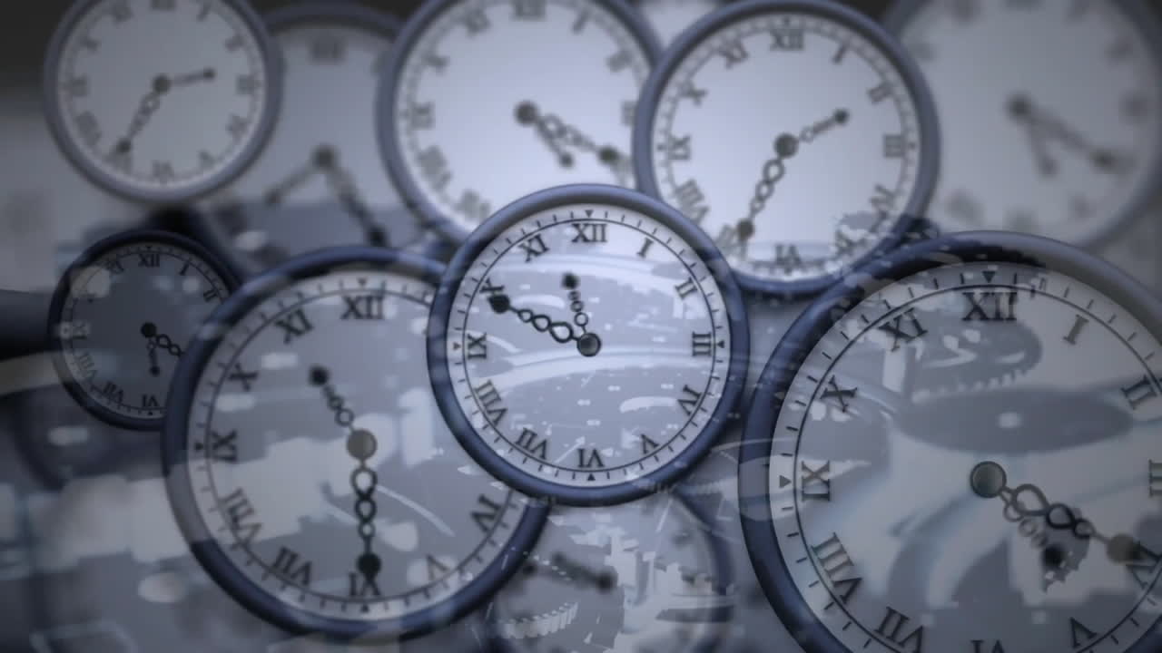 Animation of moving clocks over cog wheels on white background