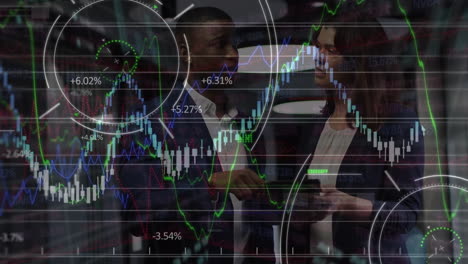 animation of processing circle and graphs over diverse female and male coworkers in office