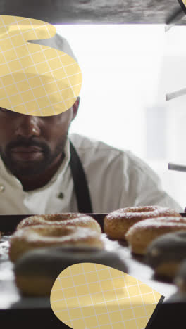 animation of oven glove icons over african american male baker preparing donuts