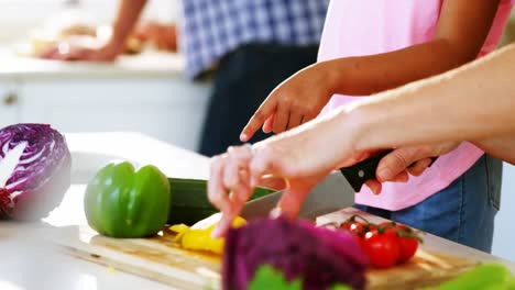 Madre-Cortando-Verduras-Mientras-Su-Hija-Mira-En-La-Cocina-De-Casa