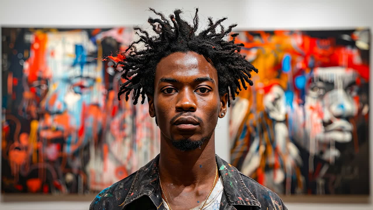 Young artist stands proudly in gallery. A young artist showcases his work in an art gallery, surrounded by vibrant, expressive paintings