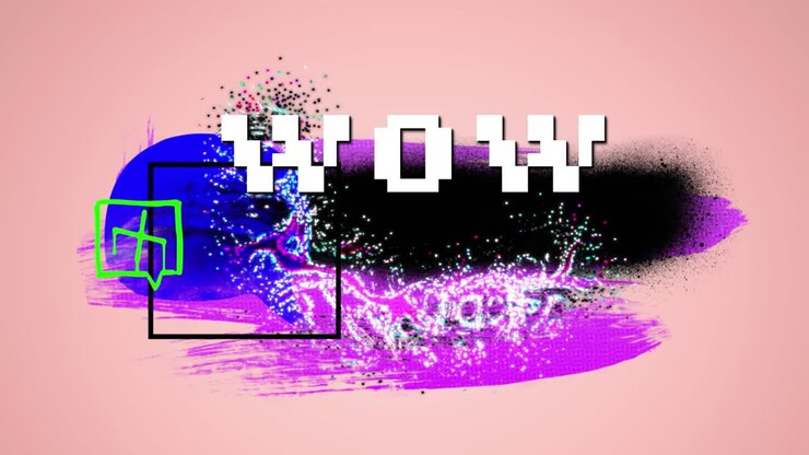 Animation of white pixel text wow, over colourful paint, on pink