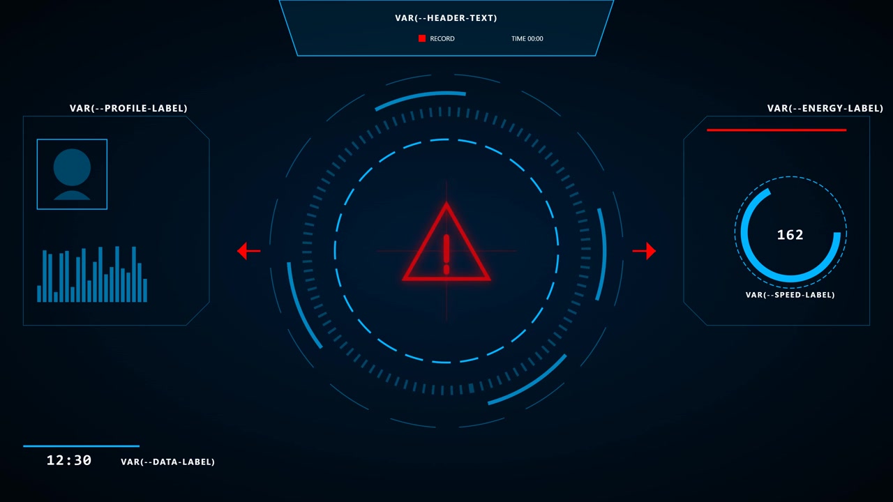 Futuristic Digital HUD Interface with Warning Symbol and Data Metrics