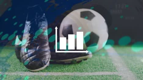 animación del procesamiento de datos financieros en pantalla digital sobre una pelota de fútbol y zapatos.