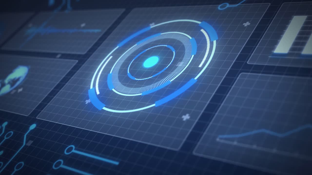 Animation of data processing and scope scanning on screens over grid