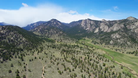 Vista-Aérea-De-Drones-Del-Paisaje-Del-Valle-De-La-Montaña-Rocosa-Con-Estribaciones-De-Montaña-épicas-En-El-Fondo-Son-El-Suelo-Del-Valle-Del-Bosque-Alpino-Verde-En-Primer-Plano-Durante-El-Hermoso-Día-De-Verano