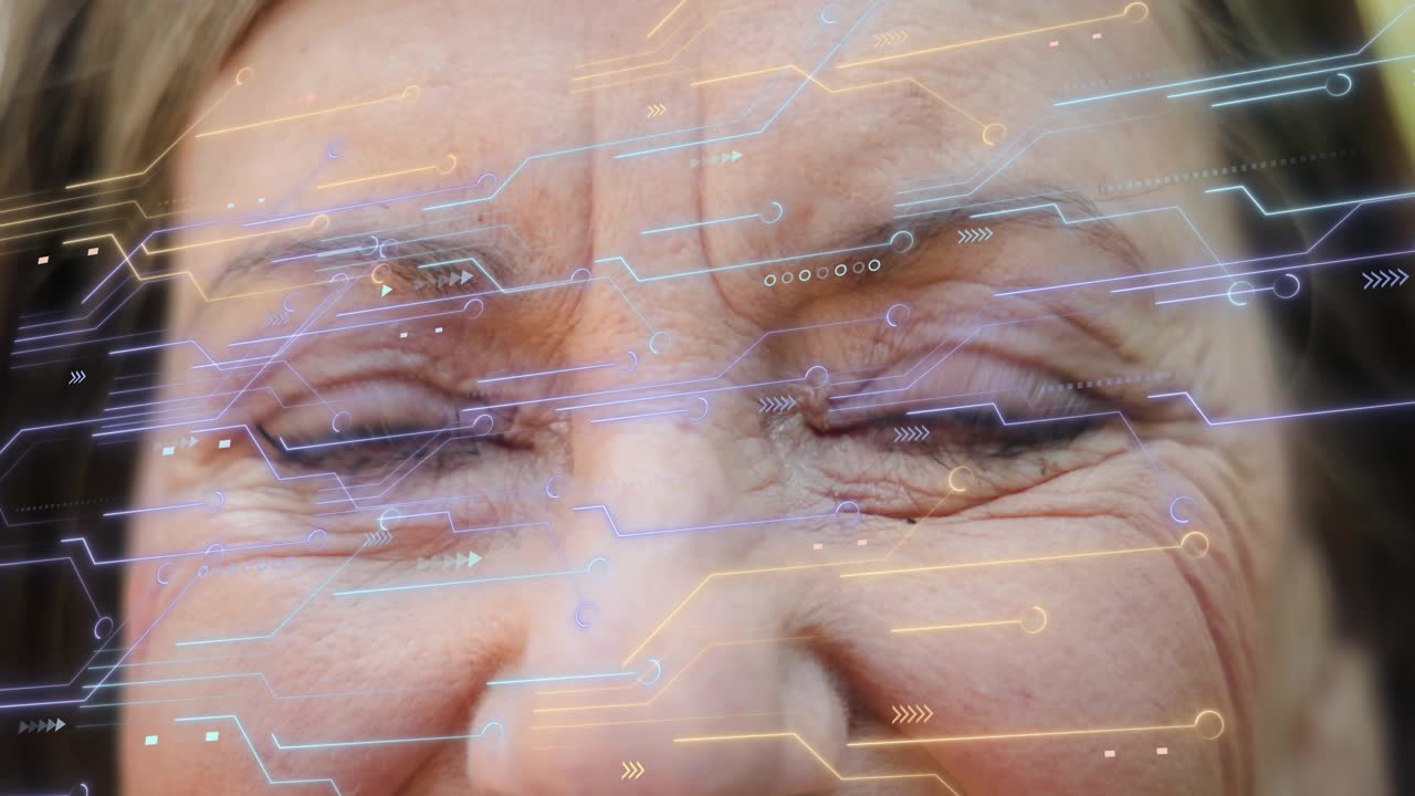 Senior woman opening eyelids, shifting gaze and blinking while circuit HUD sliding, calibrating AR