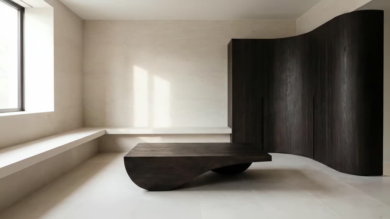 Moderne minimalistisk interiør med buet sofabord i mørkt træ og naturligt lys