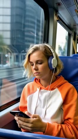 a smiling young woman with short wavy blonde hair, using smartphone, sitting on a bus.