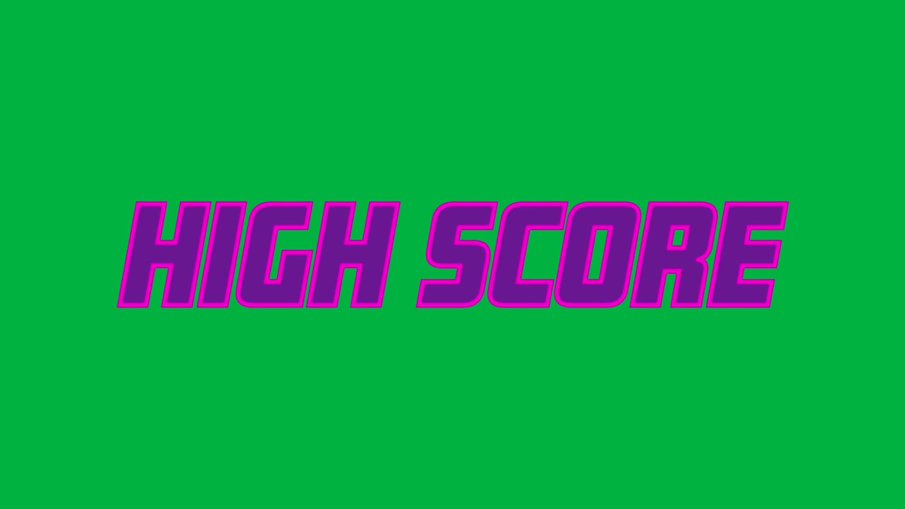 Et skub fra uden for skærmen flytter "HIGH SCORE" til midten, efterlader et spøgelsesspor og danner et titelkort på en gennemsigtig baggrund.