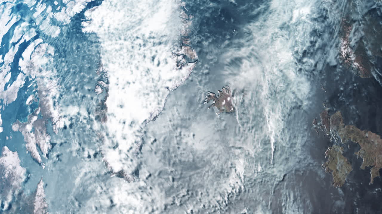 Moving across globe from UK, Europe to Greenland. View highlights the vast frozen Arctic island serving as a powerful visual for climate change, global warming, and environmental documentaries