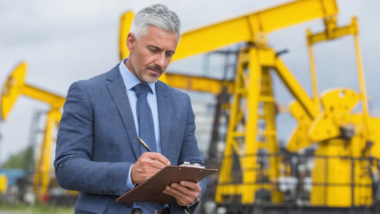 Professional Evaluating Operations of Oil Extraction Equipment with Detailed Observations at a Busy Oil Field During Daylight