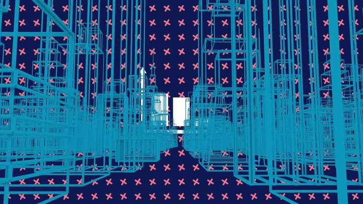 Animation of data processing and icons over cityscape