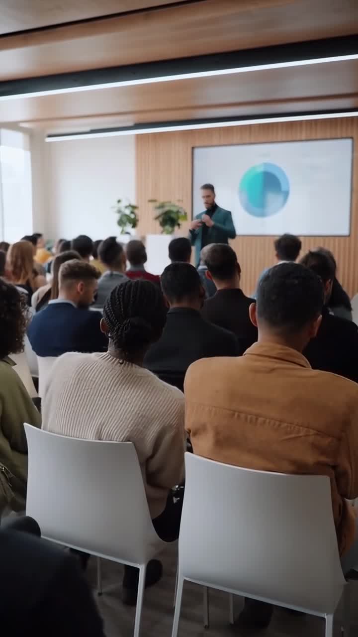 Vídeo de um seminário em ângulo traseiro, capturando uma plateia ouvindo um palestrante.