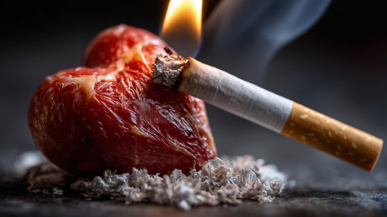 A striking visual metaphor: a cigarette burning into a heart, illustrating the damaging effects of smoking on cardiovascular health and emotional wellbeing