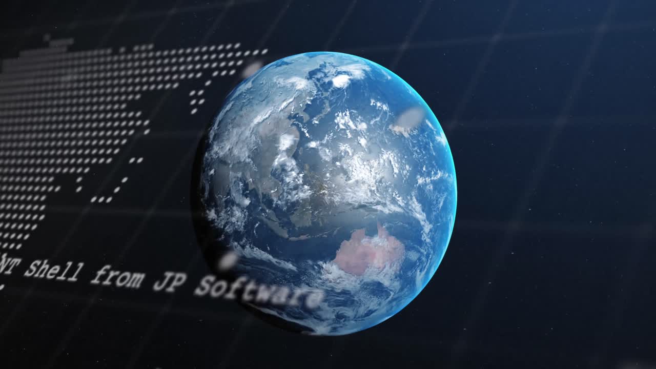 Animation of computer language and map over globe against abstract background
