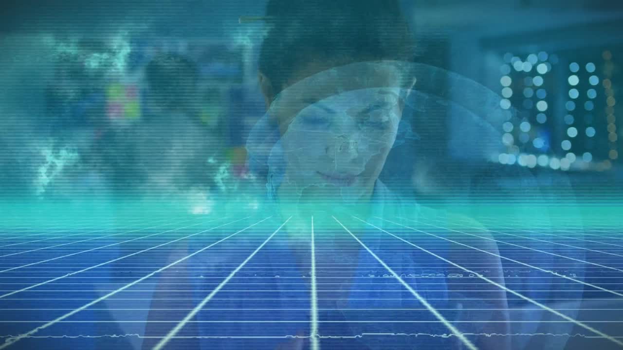 태블릿을 사용하는 사업가 여성에 대한 지구의 애니메이션과 데이터 처리