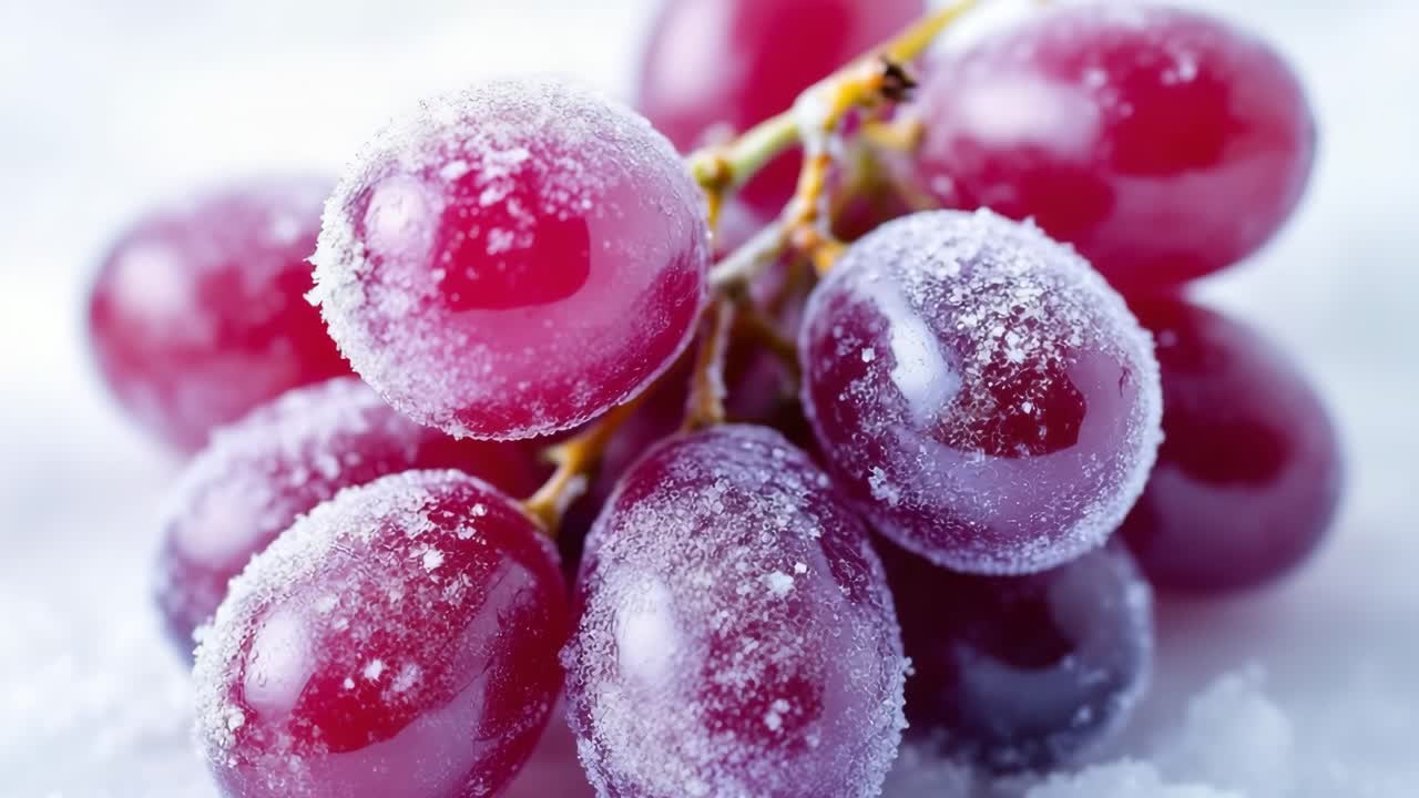 Fresh frozen grapes glisten with frost, resting on a white surface, highlighting their vibrant color and smooth texture, creating a visually appealing and refreshing scene of fruit