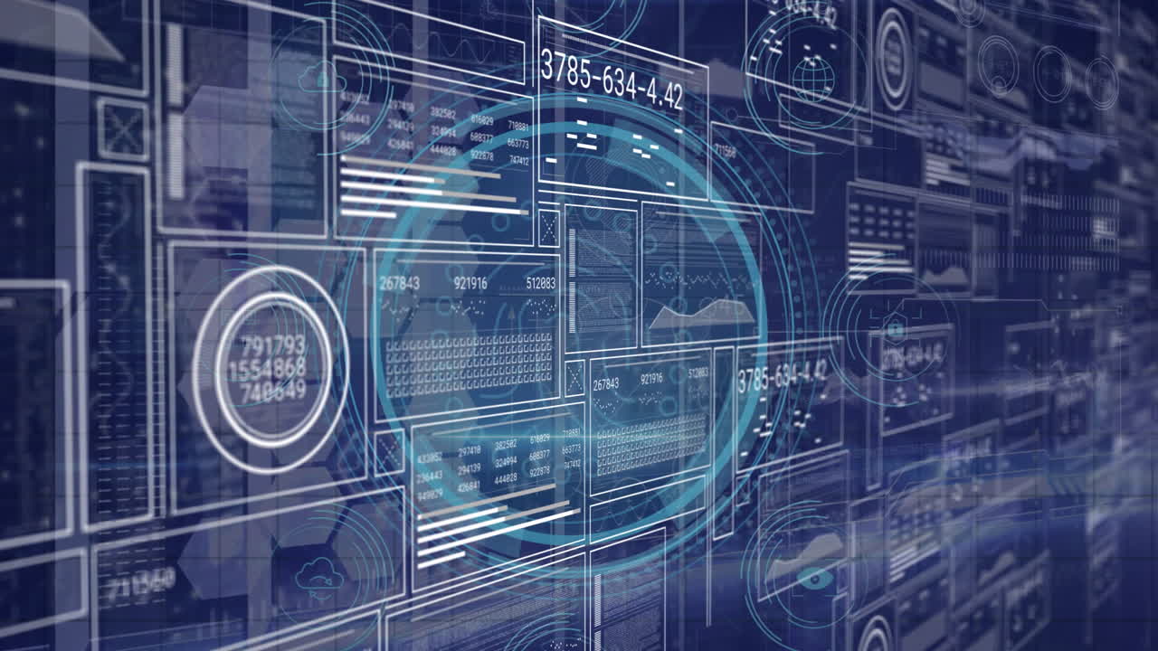 Animation of futuristic data processing with digital interface and circular graphics