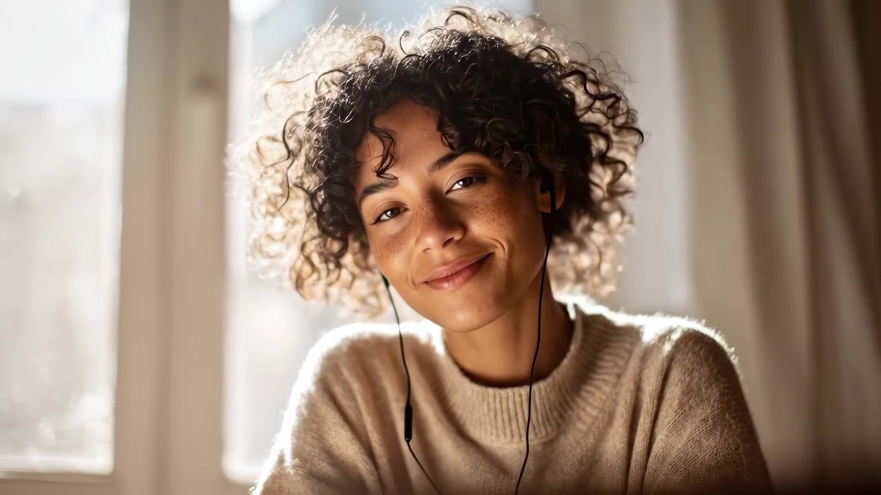 Young Woman Listening to Music with Earphones at Home