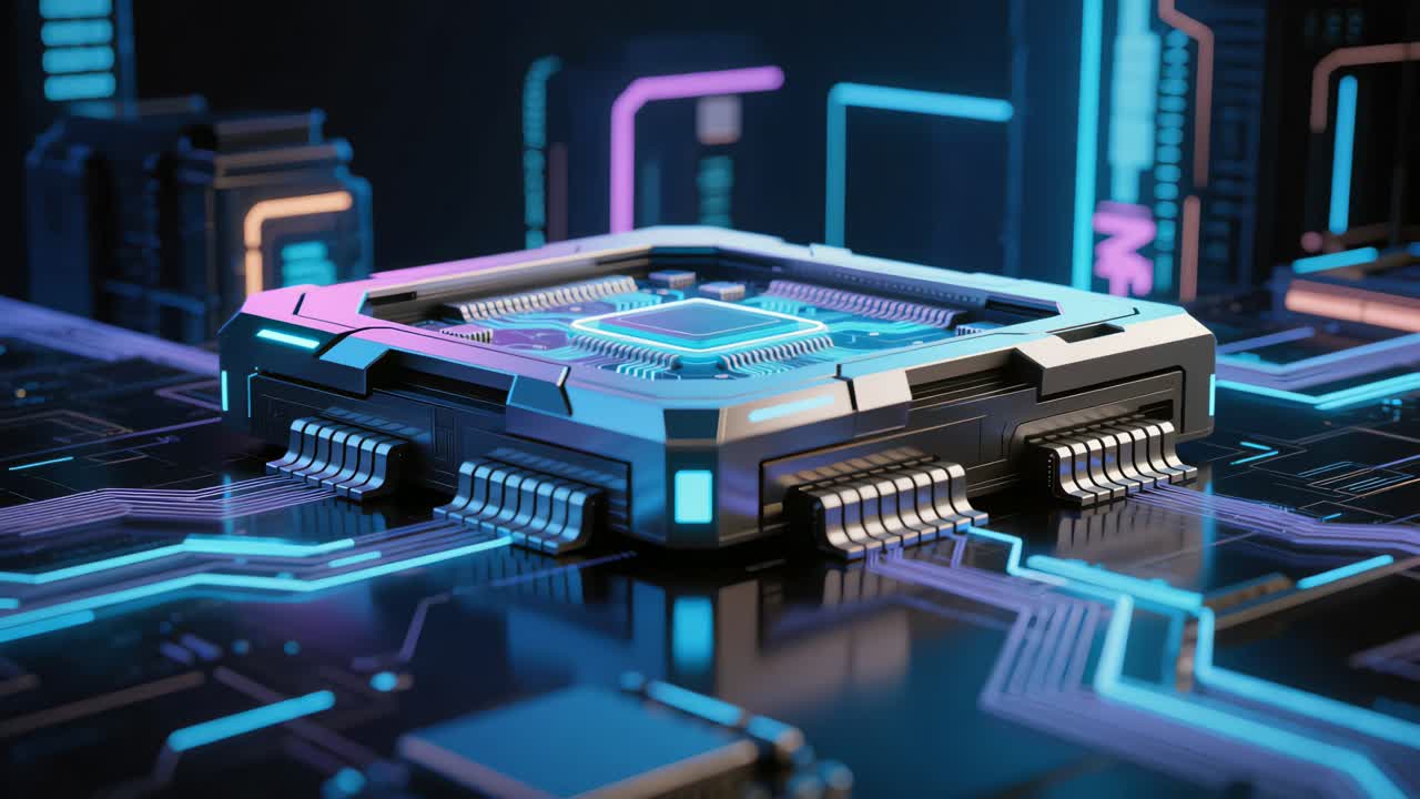 Futuristisk mikrochip på et motherboard med glødende neonkredsløb, der symboliserer kunstig intelligens, databehandling og avanceret datalogi