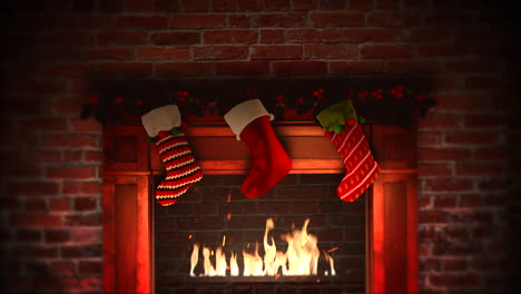 primer plano animado chimenea y regalos en los calcetines de navidad 1