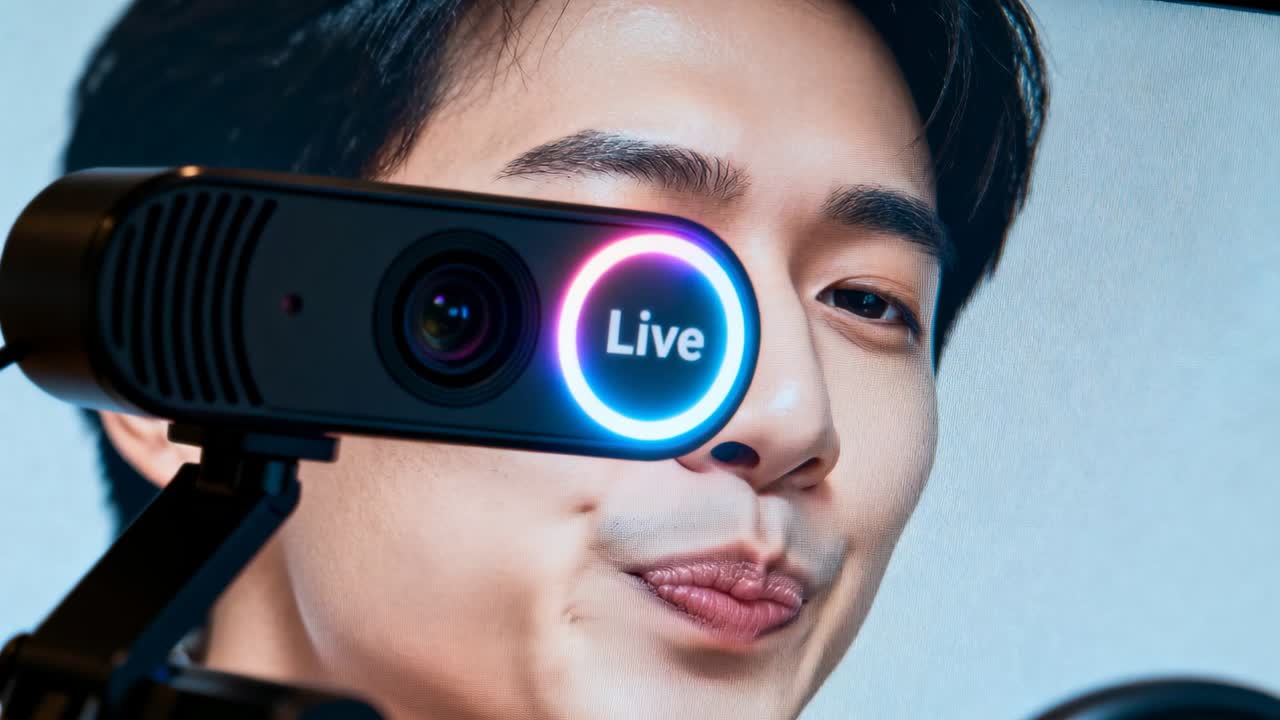 Mandlig streamer reagerer på webcam live-ring, bevæger læberne mod mikrofon for streaming