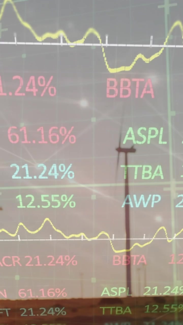 Animation of stock market data processing and network of connections against spinning windmills