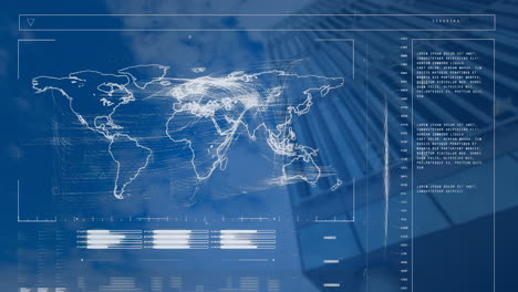 animation of financial data processing with world map over modern building