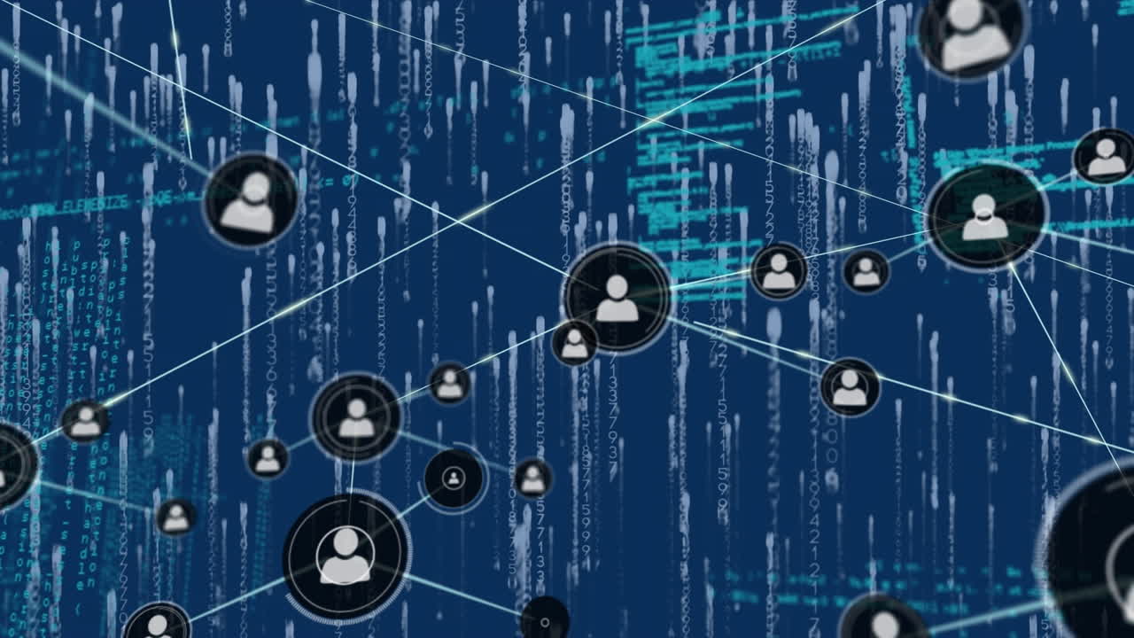 Animation of network of connections with icons over data processing