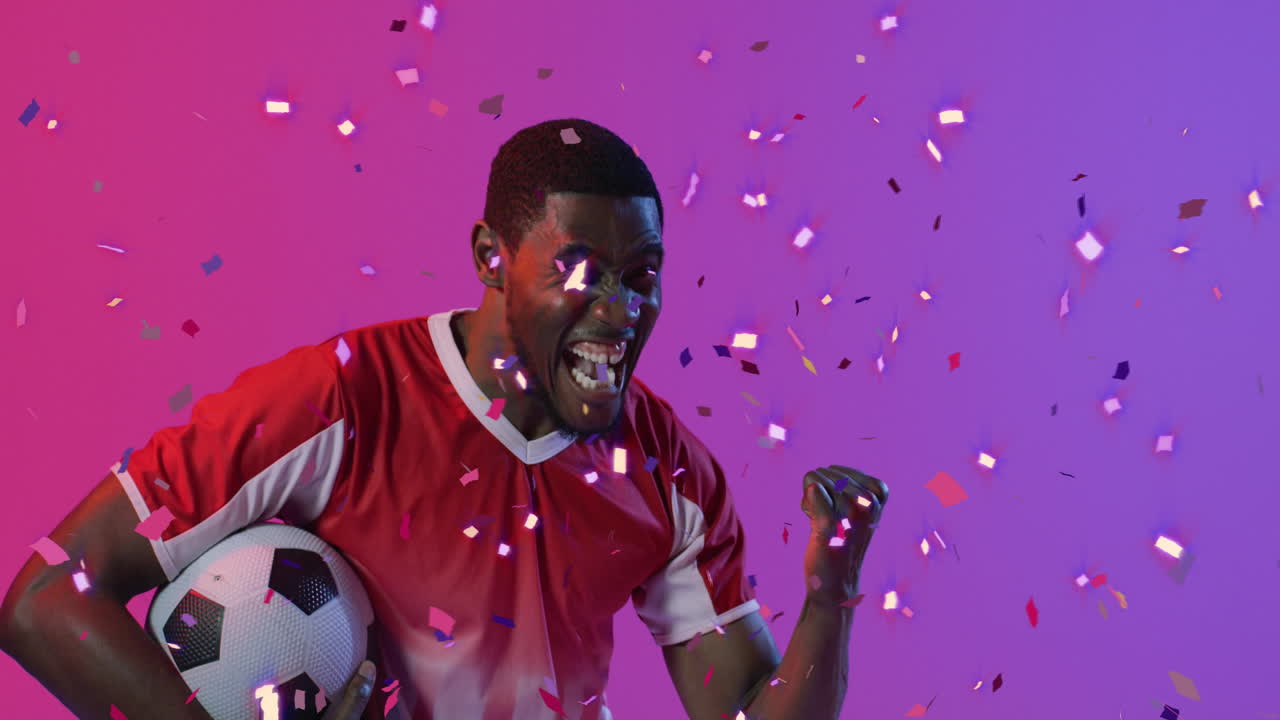 animación de confeti cayendo sobre el futbolista afroamericano celebrando