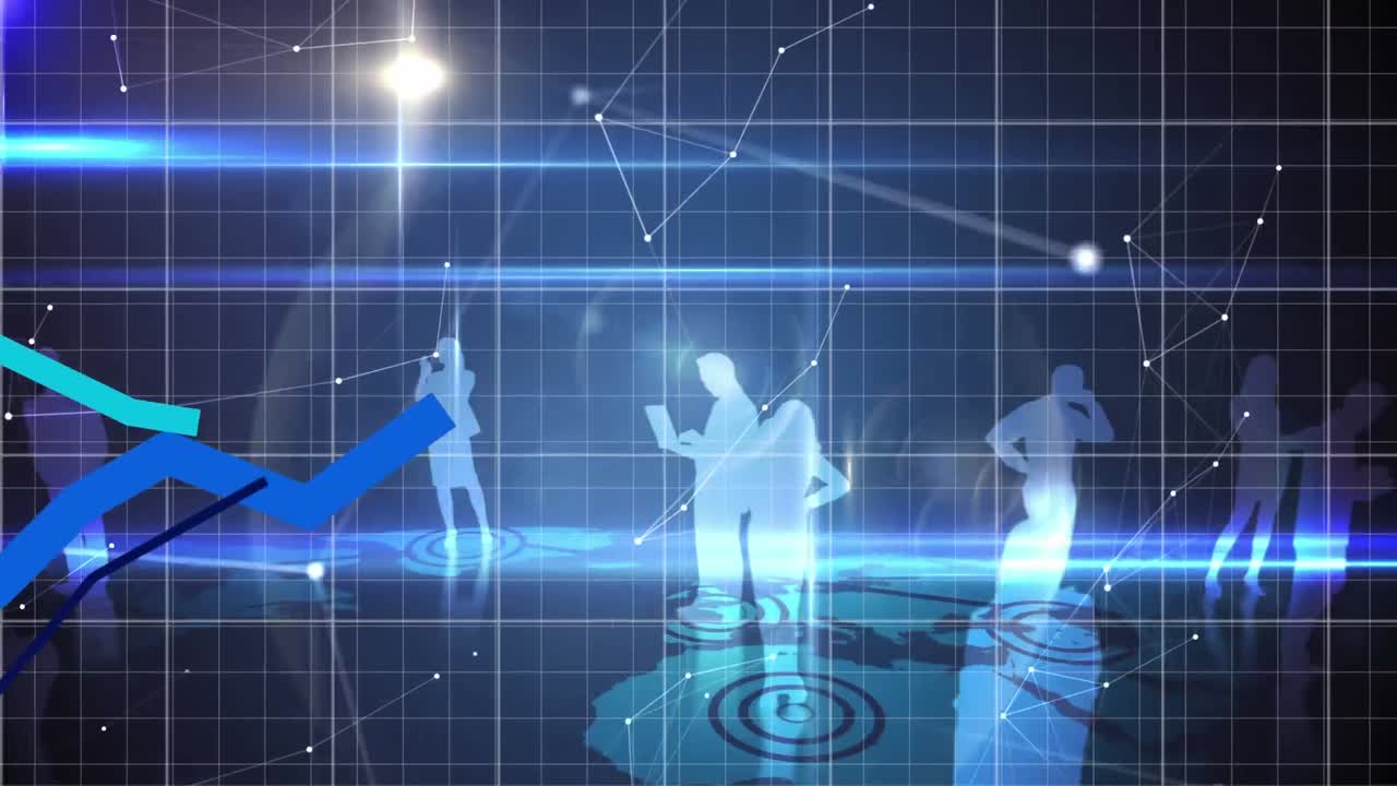 그래프가 움직이고 사람들의 실루 ⁇ 에 대한 연결의 웹