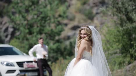Beauty Bride In Sunny Summer Day. Gorgeous bride with smiles while posing outdoors