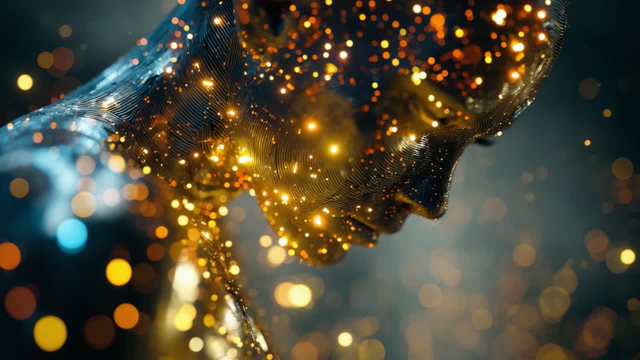 Un primo piano ipnotico di una figura scintillante illuminata da particelle dorate, che incarna l'essenza dell'arte e della creatività umana su uno sfondo di luce eterea