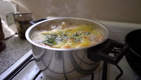 sopa de verduras nutritiva hirviendo en una olla de acero inoxidable con vapor