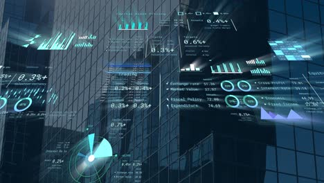 Animation of financial data processing over cityscape