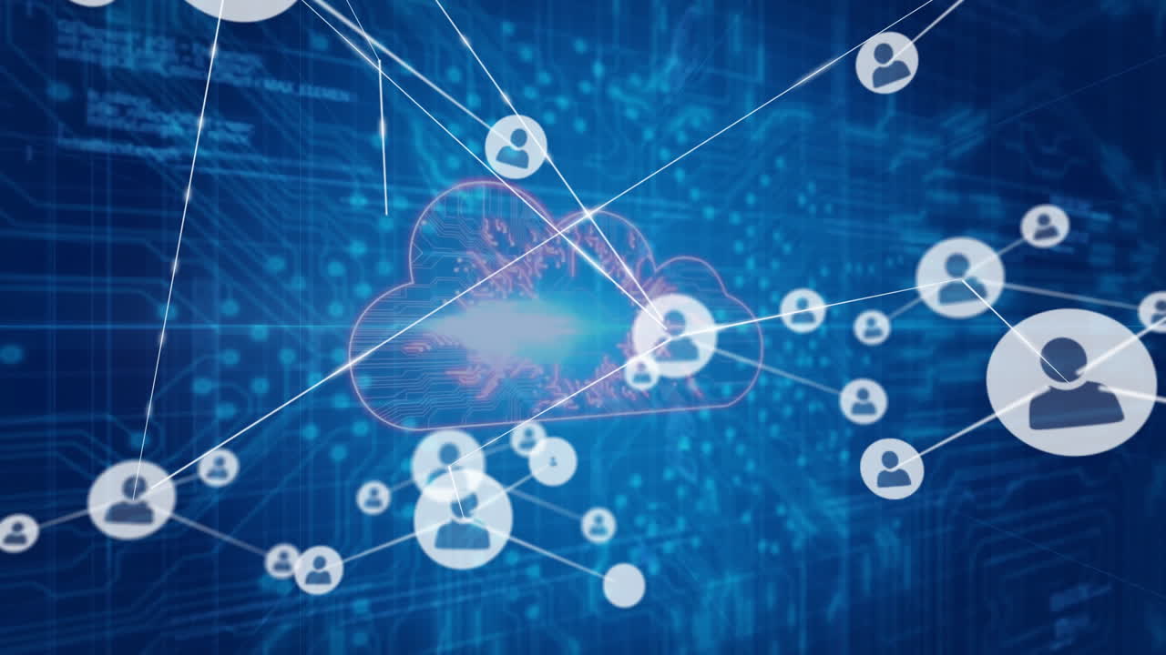 Animation of connected user icons in digital cloud computing network background