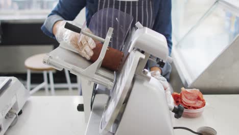 Animation-of-hands-of-biracial-waitress-using-meat-cutting-machine