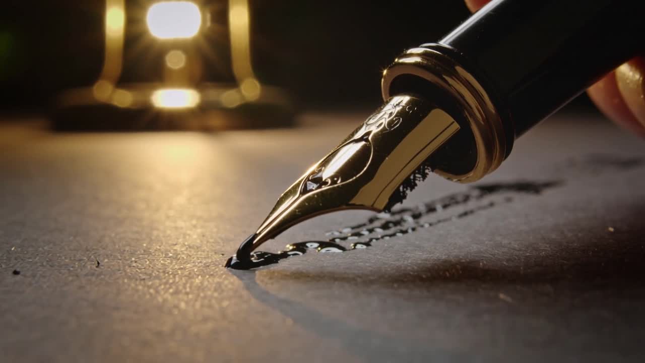 Gør kontakt, guld fyldepensspids skaber blank sort blækstreg på tekstureret papir, varm lampe