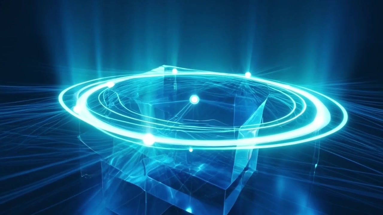 Abstract Digital Network Connection with Glowing Light Rings and Geometric Cubes