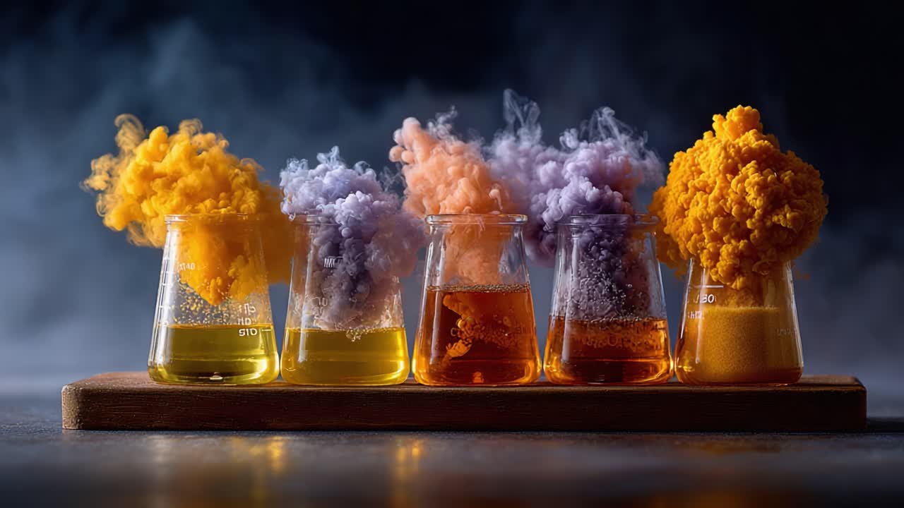 An Exploring Journey Through Vibrant Chemical Reactions: Colorful Smoke Emission from Beakers with Vivid Liquids Captured in Captivating Detail