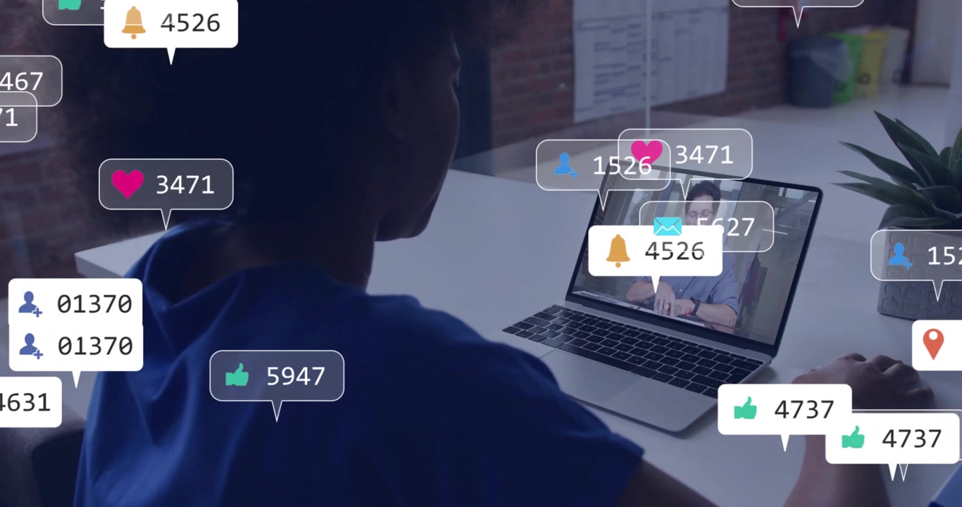 Woman Participating in Video Conference with Social Media Notification Overlays