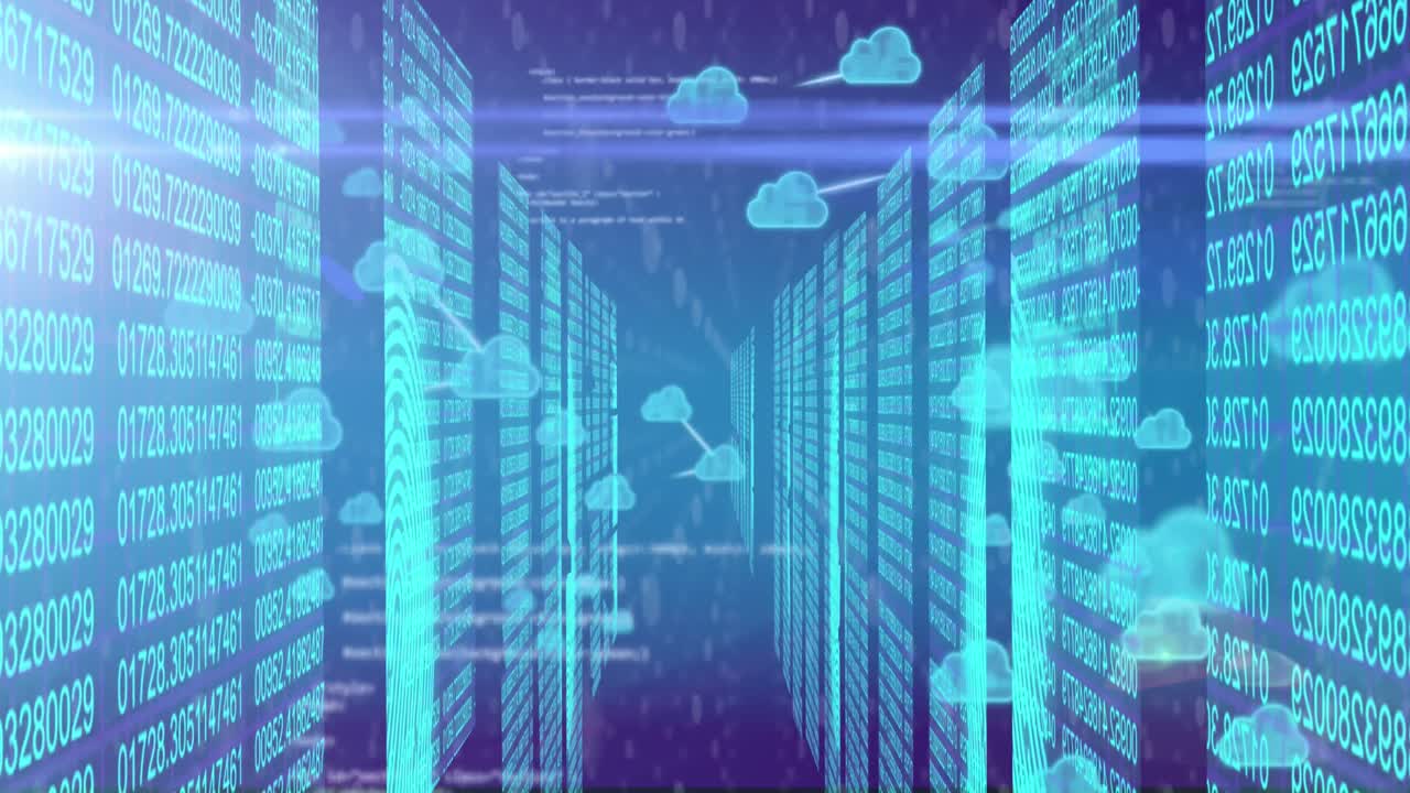 Animation of cloud icons, data processing and connections over computer servers