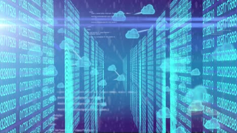 animación de iconos en la nube, procesamiento de datos y conexiones a través de servidores informáticos