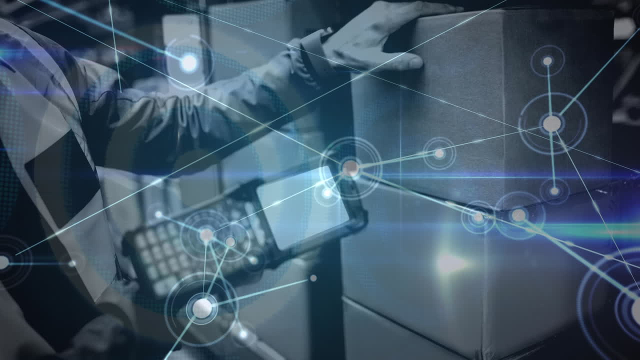 창고에서 재고를 확인하는 노동자의 중간 섹션에 대한 연결의 반이는 네트워크