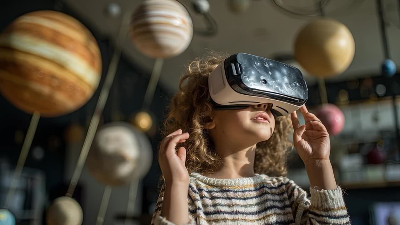 Un ragazzo esplora la realtà virtuale con pianeti sullo sfondo in un centro scientifico