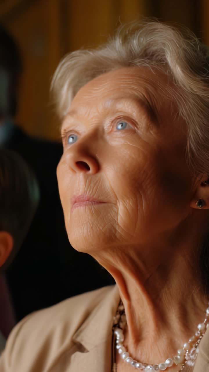 Elderly Woman Gazes Upward with Serenity and Wisdom, Reflecting a Moment of Contemplation Surrounded by a Subtle Background of Gentle Light and Shadow
