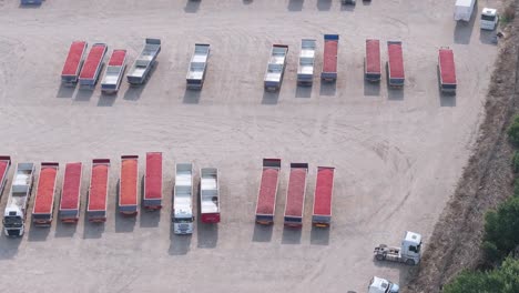 vuelo lateral con dron donde vemos grandes remolques de camiones llenos de tomates cosechados estacionados en una llanura, están estacionados en paralelo y algunos ya están vacíos, aparecen cabezas de tractores de camiones