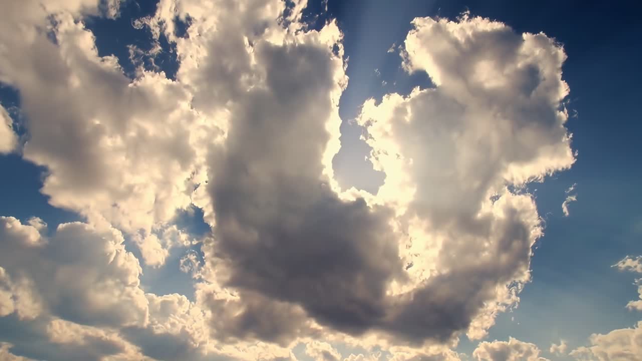 Un video di raggi di sole che filtrano attraverso le nuvole, ripreso da un'angolazione dal basso, creando una serena vista del cielo.
