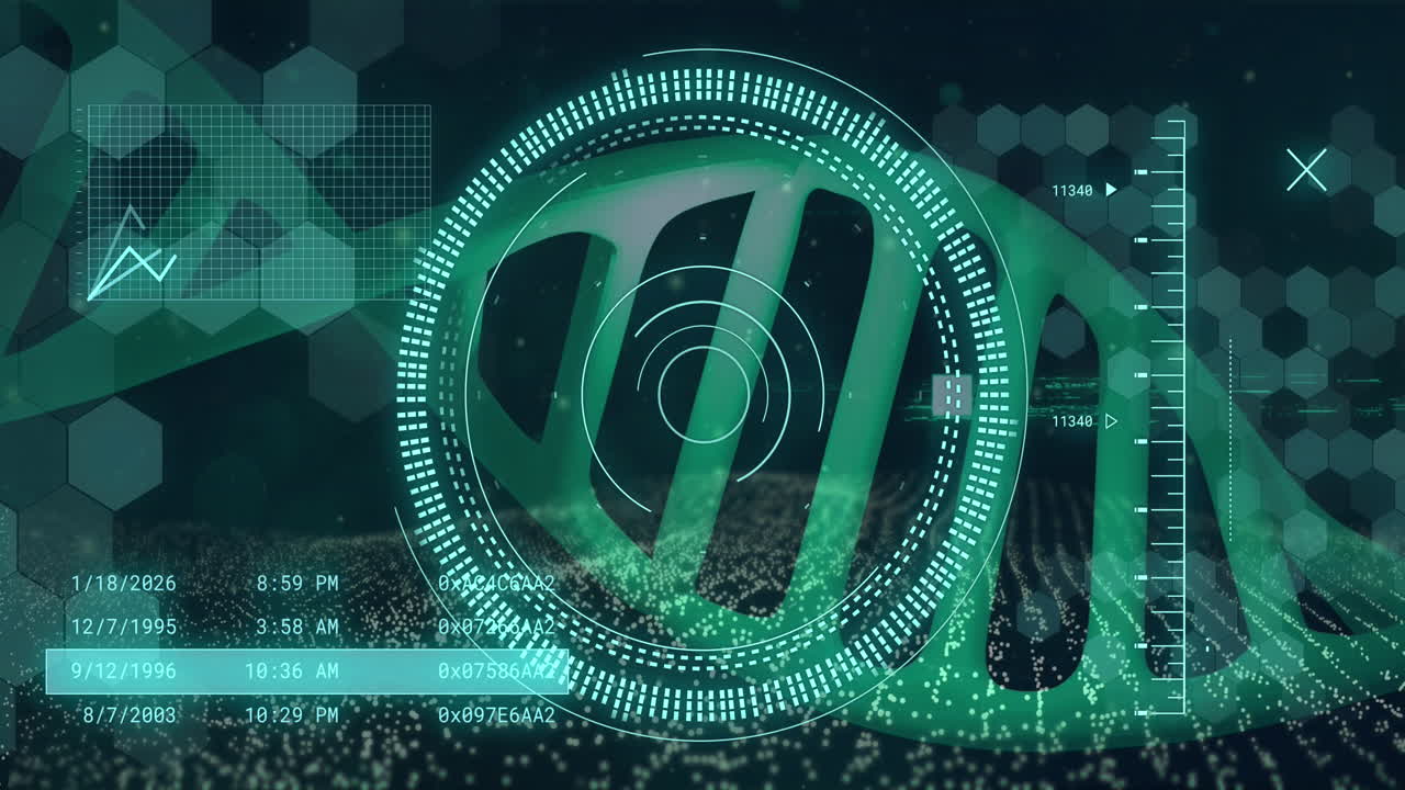 로딩 서클, 그래프, dna 나선과 육각형 패턴에 대한 변화하는 숫자의 애니메이션